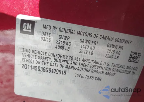 2016 Chevrolet Impala 2Lz z USA, uszkodzony, nr VIN 2G1145S36G9179618